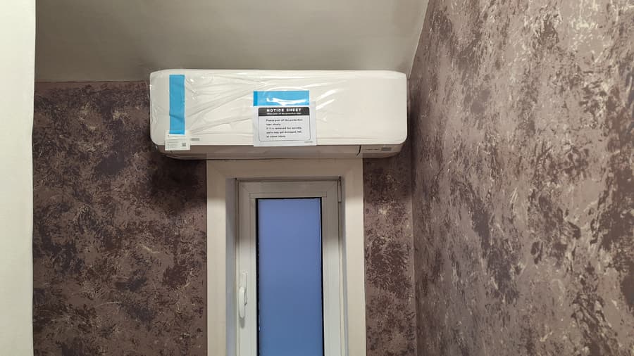 Indoor air conditioning unit installation – protective film still on