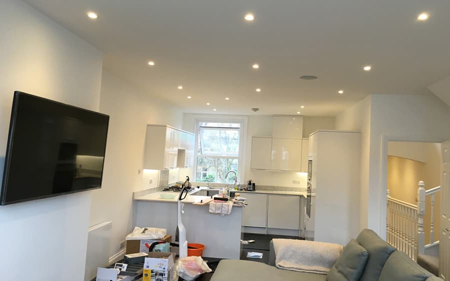 open plan kitchen and living room downlights installation in London
