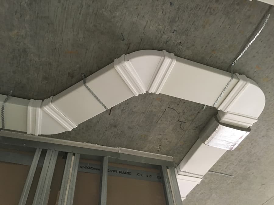 MVHR ductwork Z-bend detail with chained suspension supports