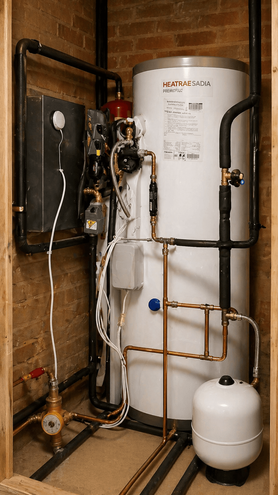 Heatrae Sadia hot water cylinder with pressure relief and pipework, ready for callout response