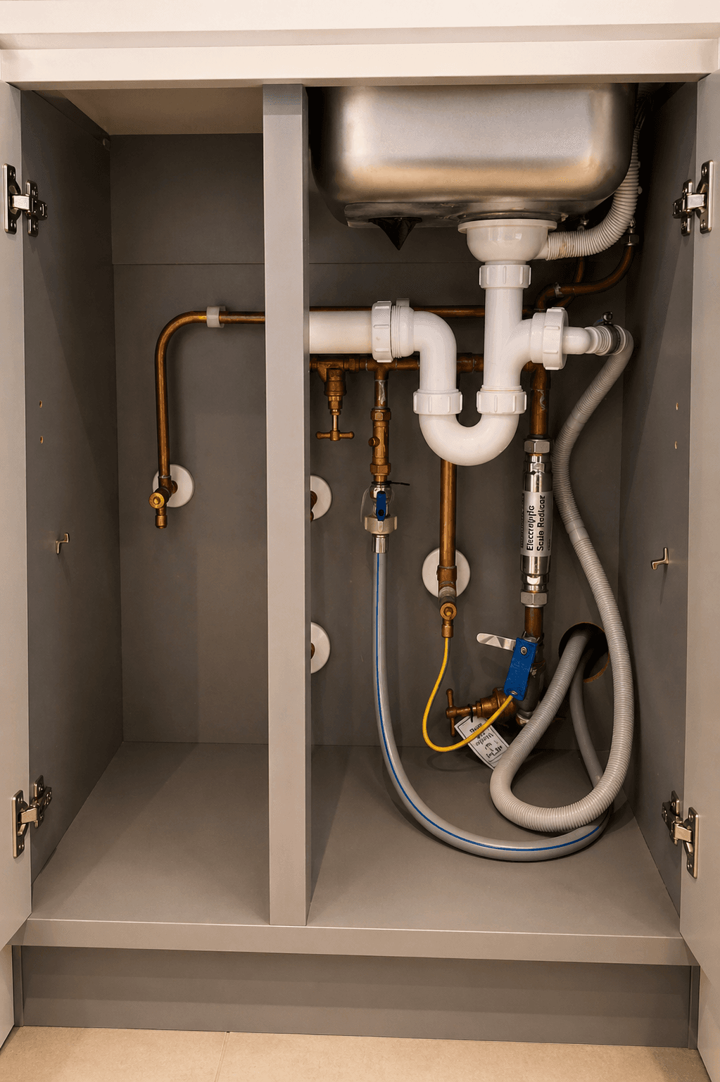 Neat under-sink plumbing pipework with copper pipes and isolation valves