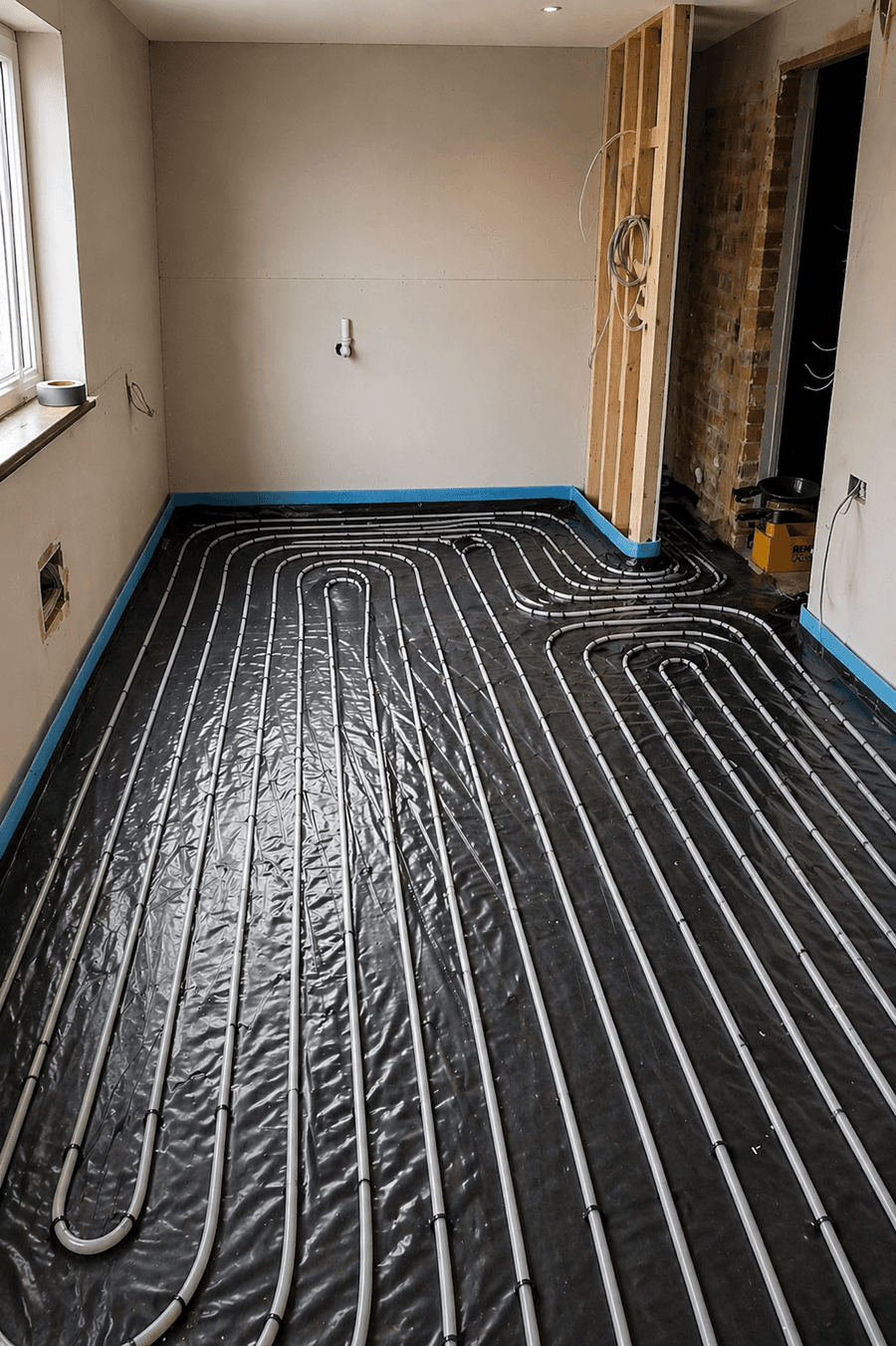 Underfloor heating loops installed across a room ready for screeding