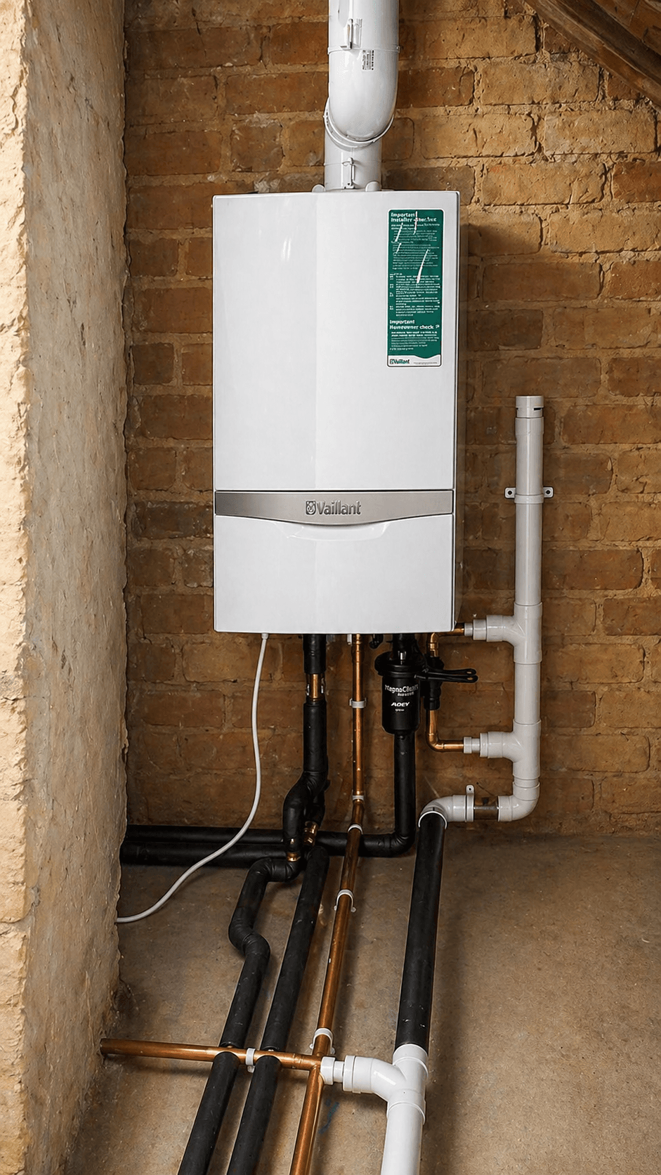 Vaillant gas boiler installation in utility room with neat copper and waste pipework