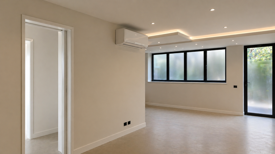 Modern living room with discreet wall-mounted air conditioning unit
