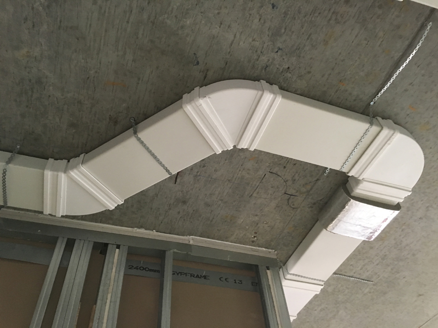 MVHR ductwork Z-bend detail with chained suspension supports