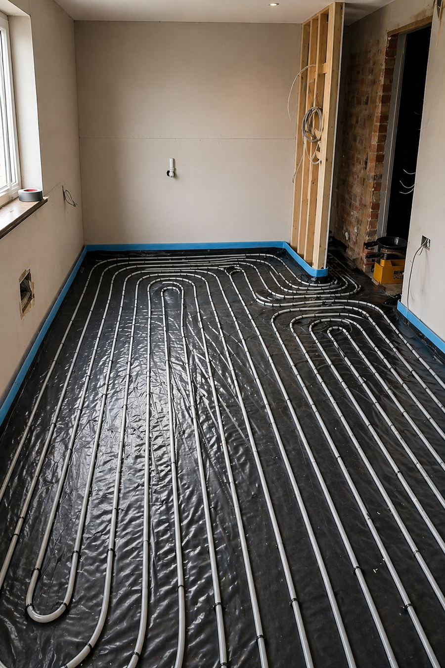 Underfloor heating loops installed across a room ready for screeding