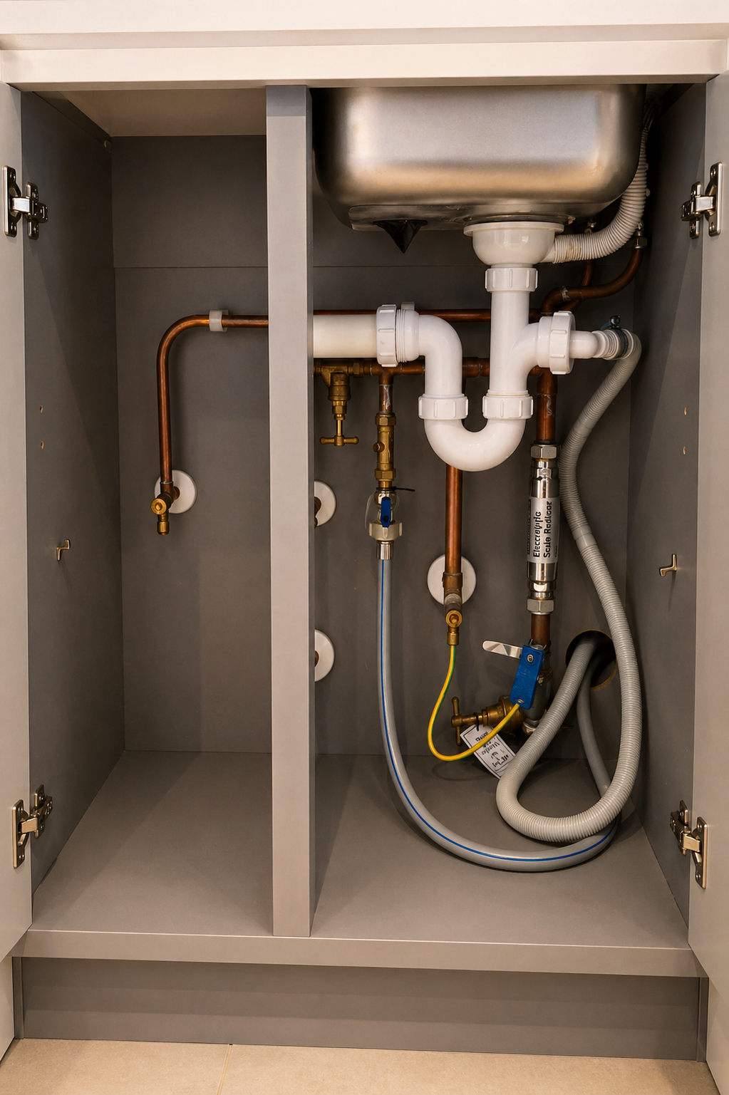 Neat under-sink plumbing pipework with copper pipes and isolation valves